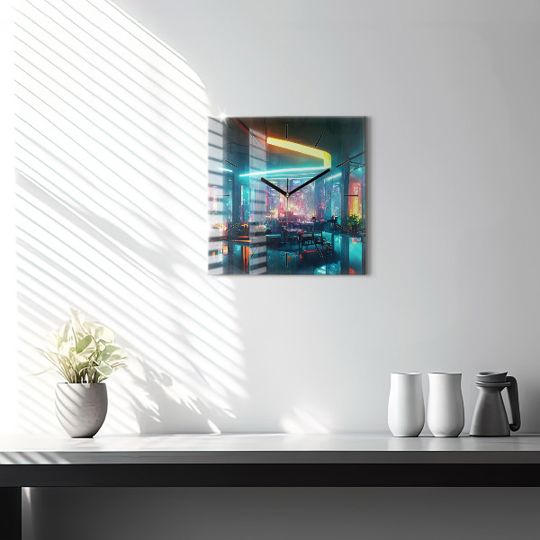 Square glass wall clock Cyberpunk style city