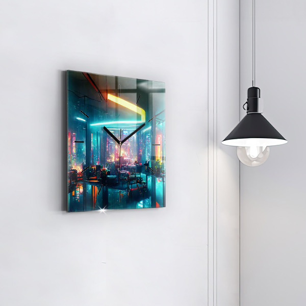 Square glass wall clock Cyberpunk style city