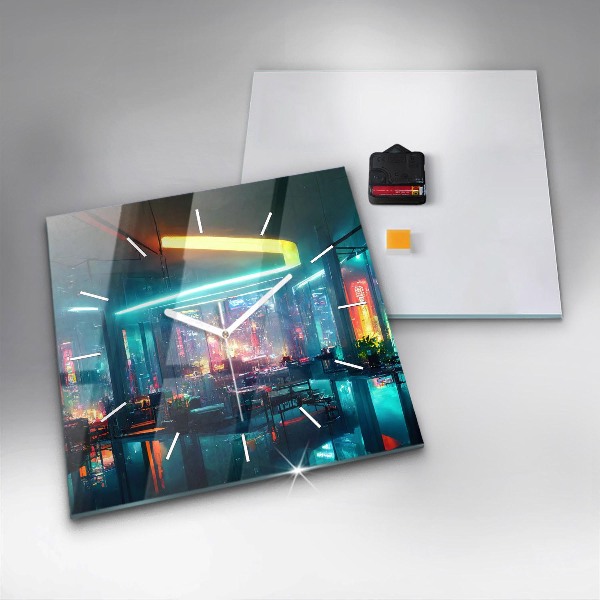 Square glass wall clock Cyberpunk style city