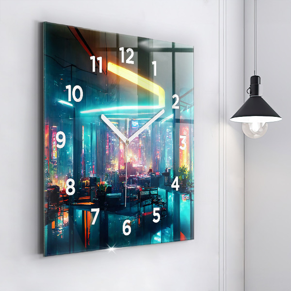 Square glass wall clock Cyberpunk style city
