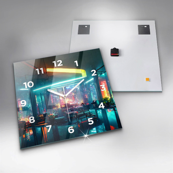 Square glass wall clock Cyberpunk style city