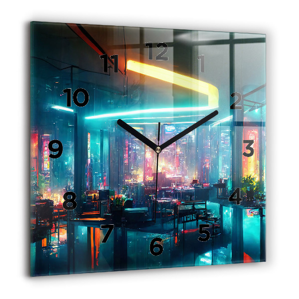Square glass wall clock Cyberpunk style city