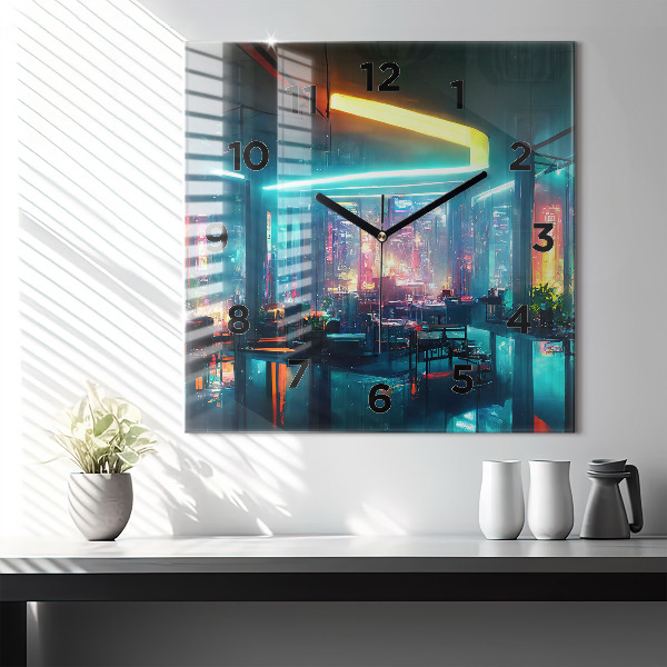 Square glass wall clock Cyberpunk style city