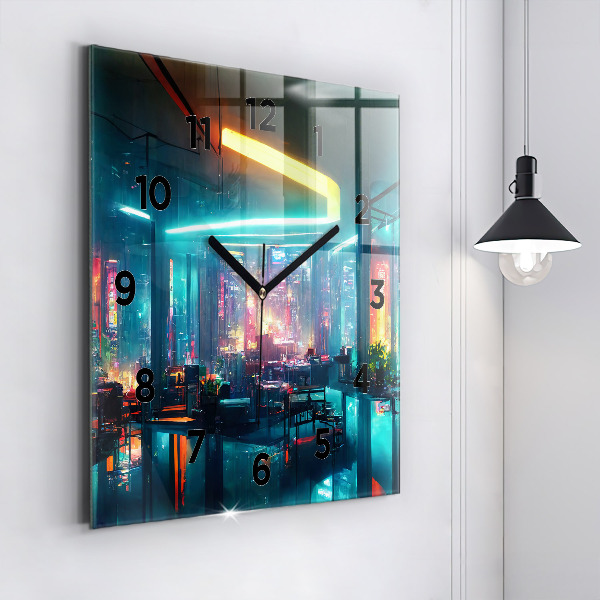 Square glass wall clock Cyberpunk style city