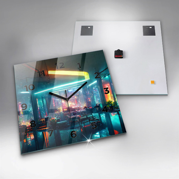 Square glass wall clock Cyberpunk style city