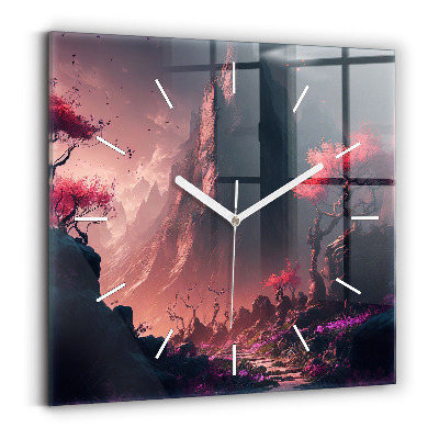 Square glass wall clock Magical forest and mountains