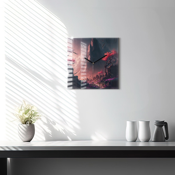 Square glass wall clock Magical forest and mountains