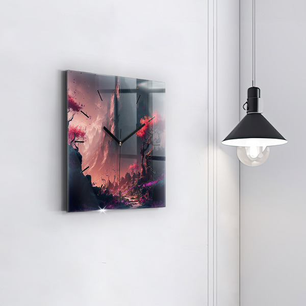 Square glass wall clock Magical forest and mountains