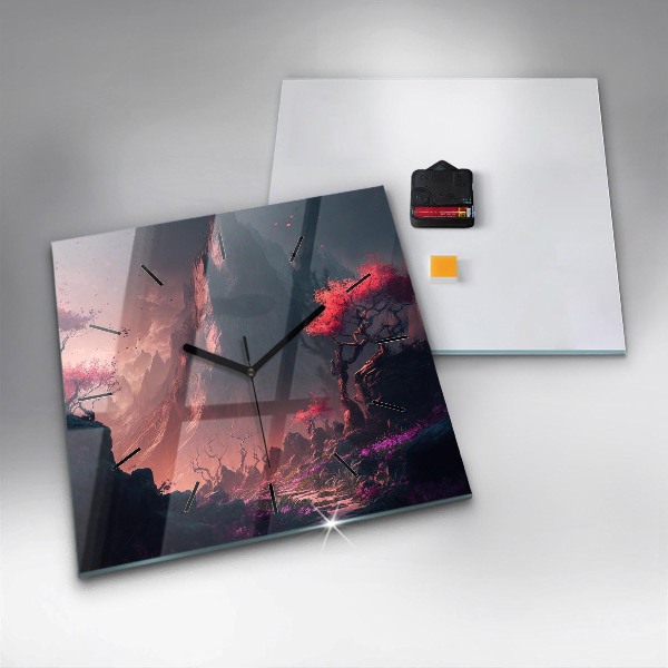 Square glass wall clock Magical forest and mountains