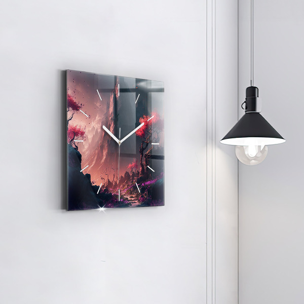 Square glass wall clock Magical forest and mountains