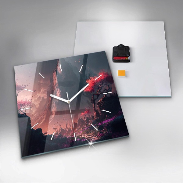 Square glass wall clock Magical forest and mountains