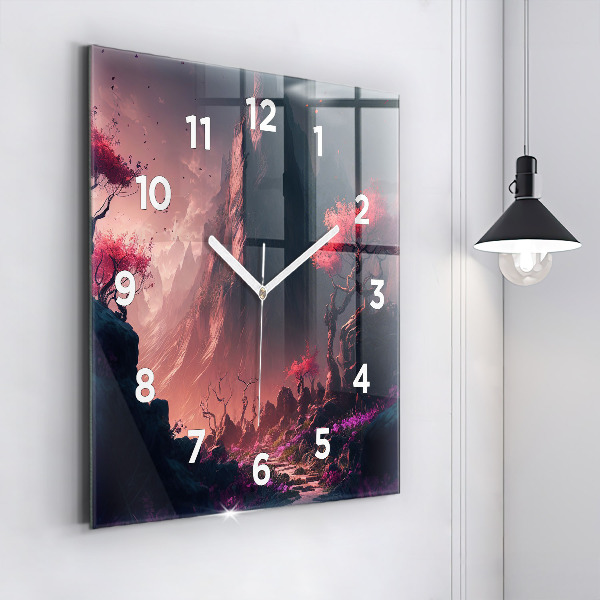 Square glass wall clock Magical forest and mountains