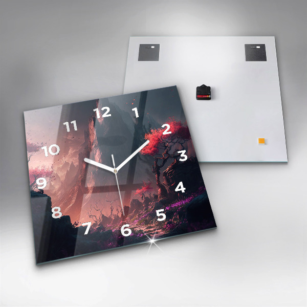 Square glass wall clock Magical forest and mountains