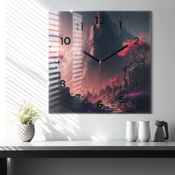 Square glass wall clock Magical forest and mountains