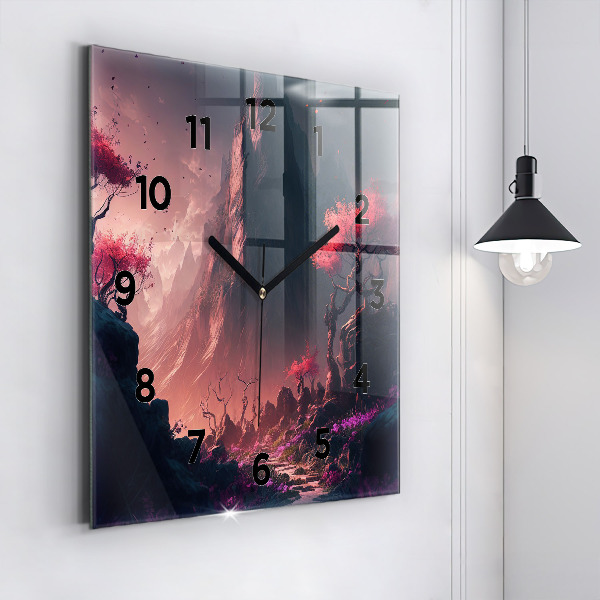 Square glass wall clock Magical forest and mountains