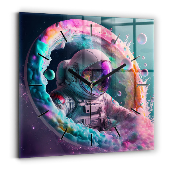 Square glass wall clock Cosmonaut and colorful clouds