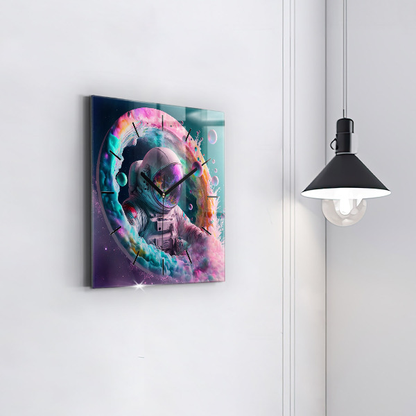 Square glass wall clock Cosmonaut and colorful clouds