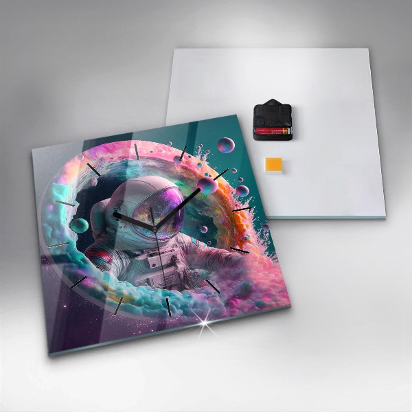Square glass wall clock Cosmonaut and colorful clouds