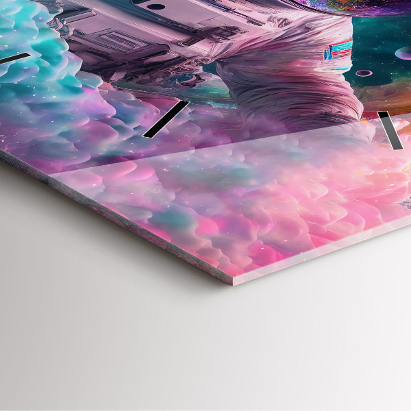 Square glass wall clock Cosmonaut and colorful clouds
