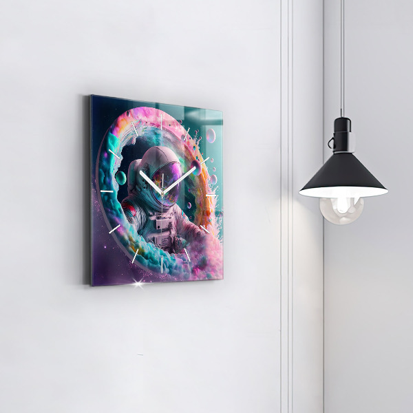 Square glass wall clock Cosmonaut and colorful clouds