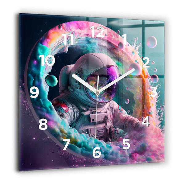Square glass wall clock Cosmonaut and colorful clouds