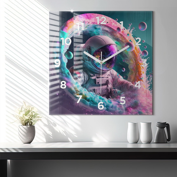Square glass wall clock Cosmonaut and colorful clouds