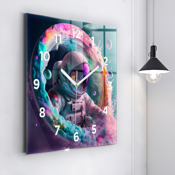 Square glass wall clock Cosmonaut and colorful clouds