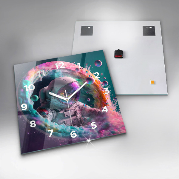 Square glass wall clock Cosmonaut and colorful clouds