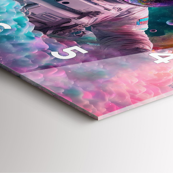 Square glass wall clock Cosmonaut and colorful clouds