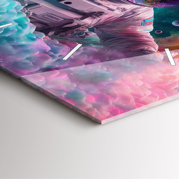 Square glass wall clock Cosmonaut and colorful clouds