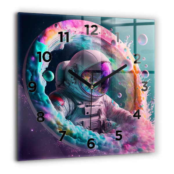 Square glass wall clock Cosmonaut and colorful clouds