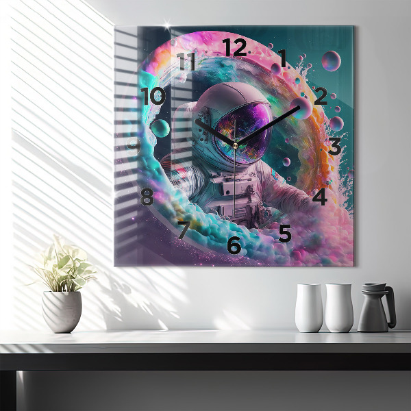 Square glass wall clock Cosmonaut and colorful clouds