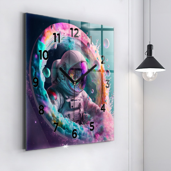 Square glass wall clock Cosmonaut and colorful clouds