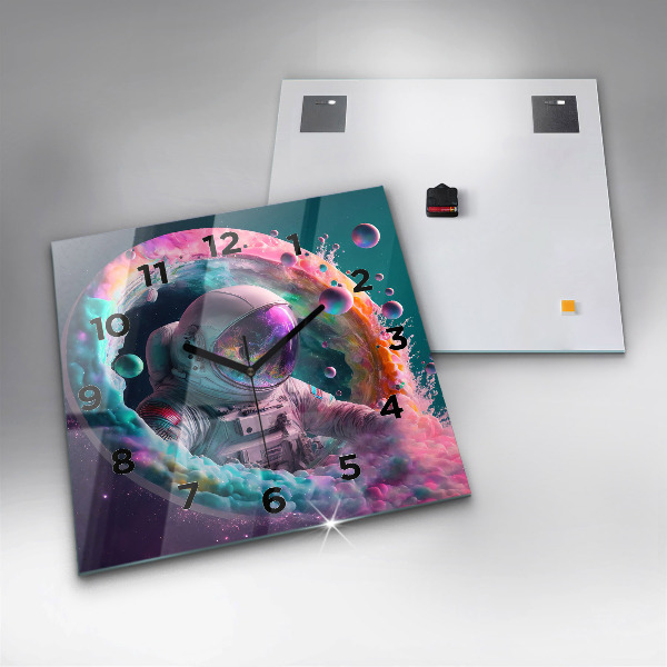 Square glass wall clock Cosmonaut and colorful clouds