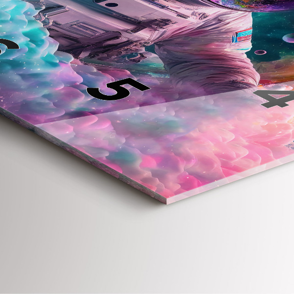 Square glass wall clock Cosmonaut and colorful clouds