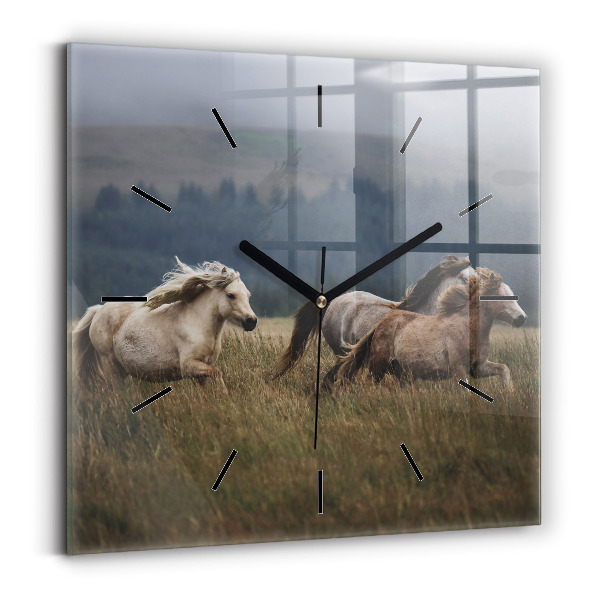 Square glass wall clock Horses at a gallop