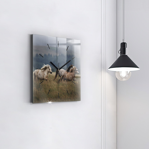 Square glass wall clock Horses at a gallop