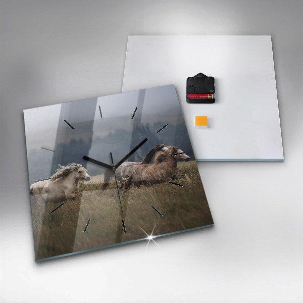 Square glass wall clock Horses at a gallop