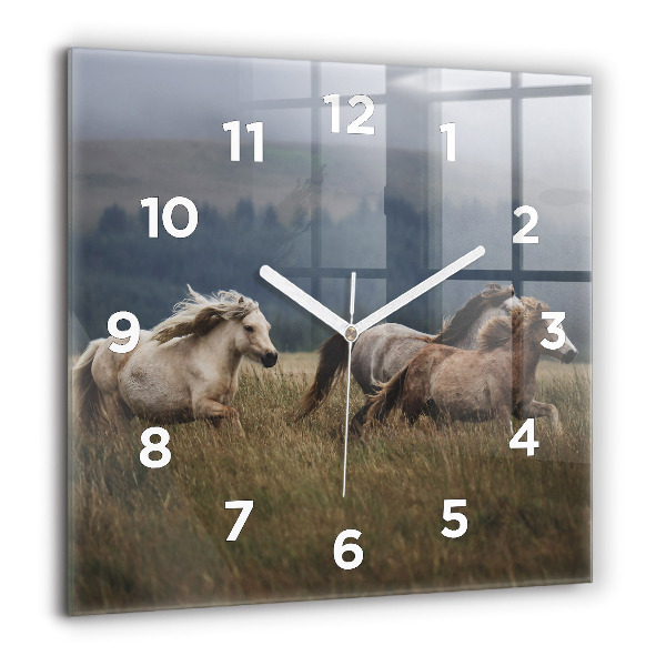 Square glass wall clock Horses at a gallop