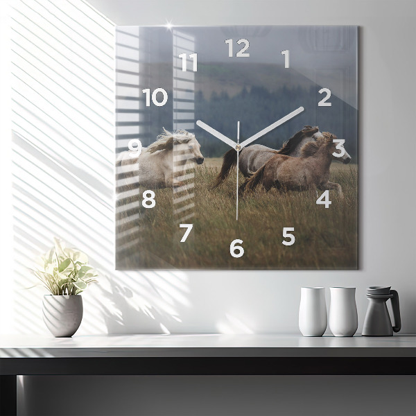 Square glass wall clock Horses at a gallop
