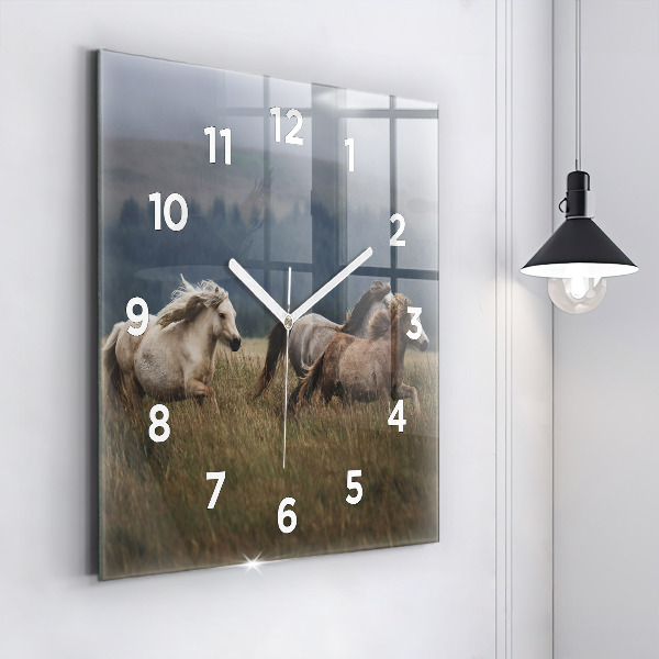 Square glass wall clock Horses at a gallop