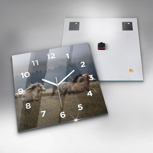 Square glass wall clock Horses at a gallop