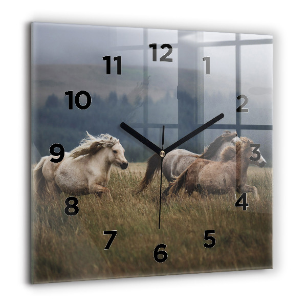 Square glass wall clock Horses at a gallop