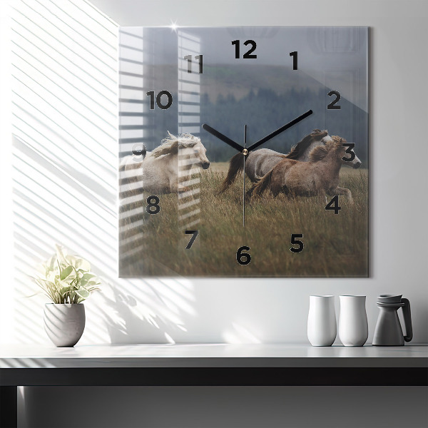 Square glass wall clock Horses at a gallop