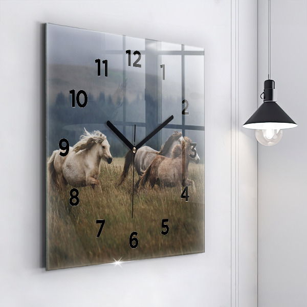 Square glass wall clock Horses at a gallop
