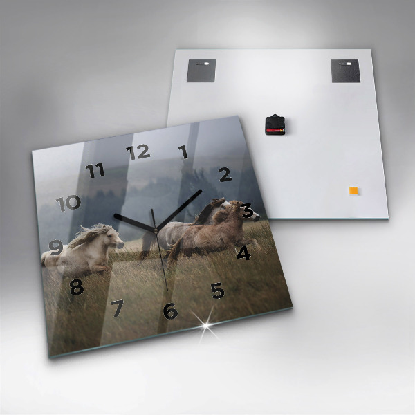 Square glass wall clock Horses at a gallop