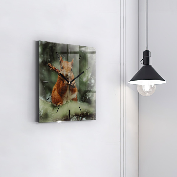 Square glass wall clock Squirrel and wild nature