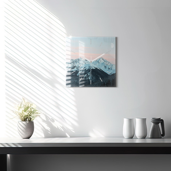 Square glass wall clock Mountain range in winter