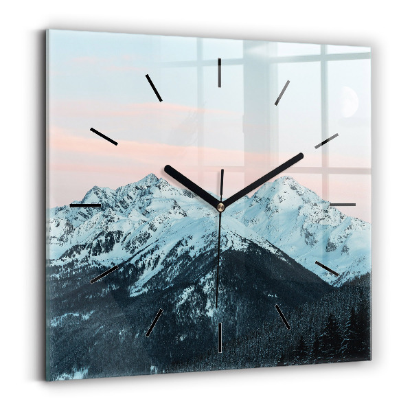 Square glass wall clock Mountain range in winter