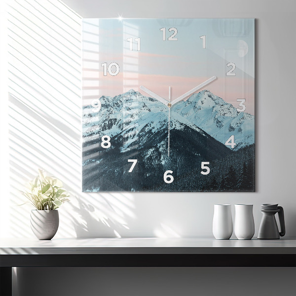Square glass wall clock Mountain range in winter